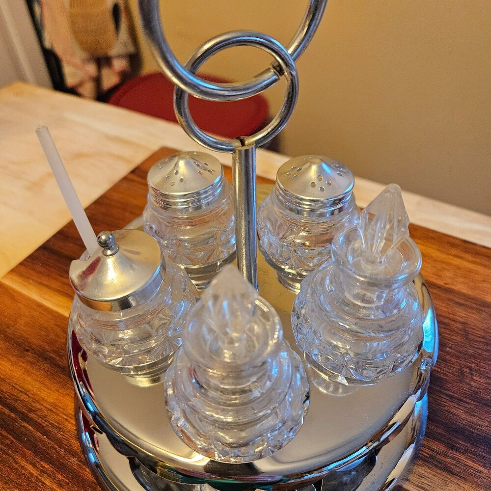 Vintage rotating cruet set rotating 5 pc metal/glass salt pepper oil/vinegar jam